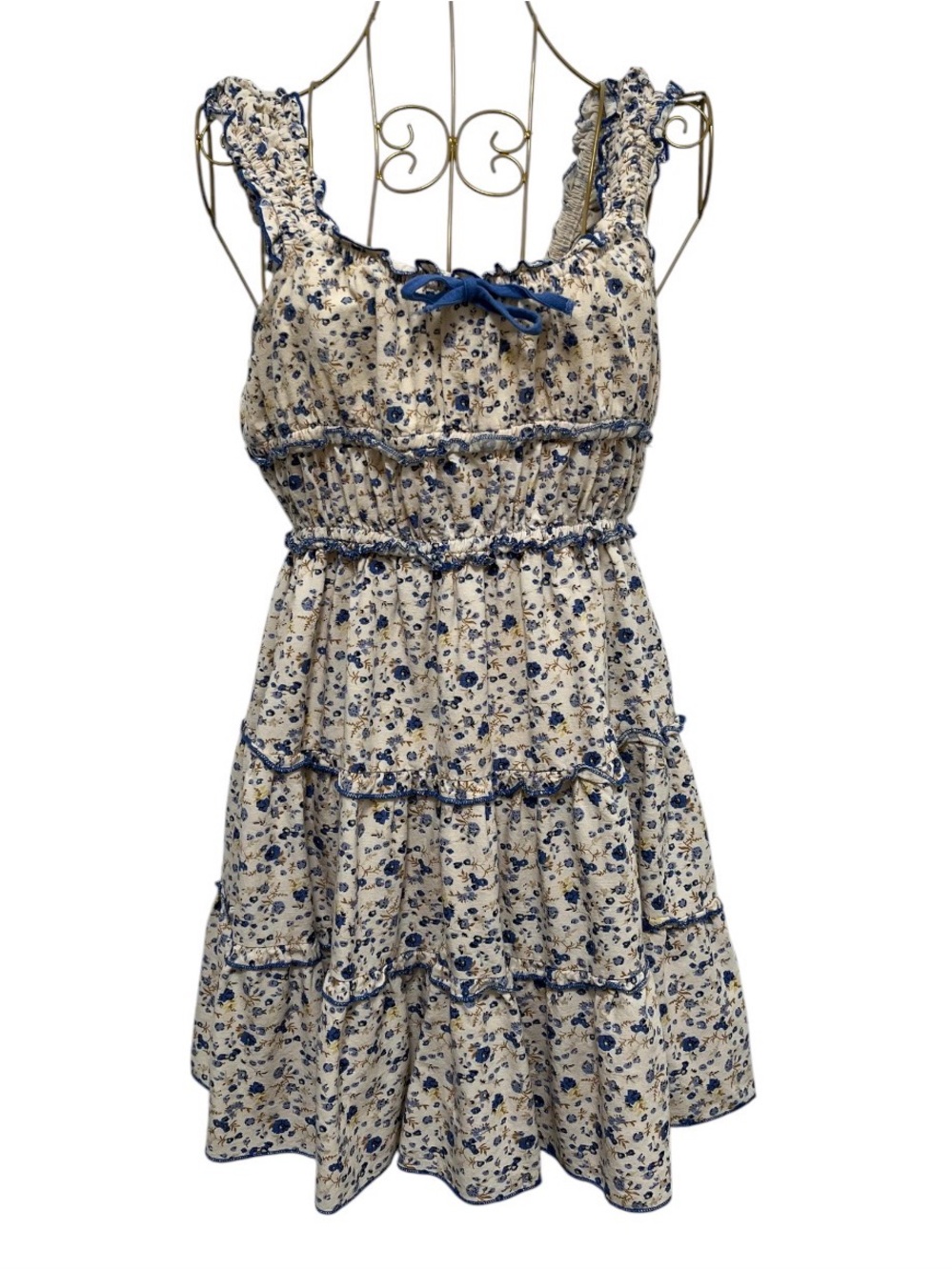Japna Floral Milkmaid Tiered Mini Dress Cotton Linen Blend Size Small
